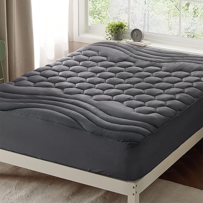 Bedsure RV Short Queen Mattress Pad Cover - Quilted Fitted Mattress Topper Protector with 8-21 Inches Deep Pocket, Noiseless Bed Cover Padded for Camper and Motorhome, Grey, 60x75 Inches