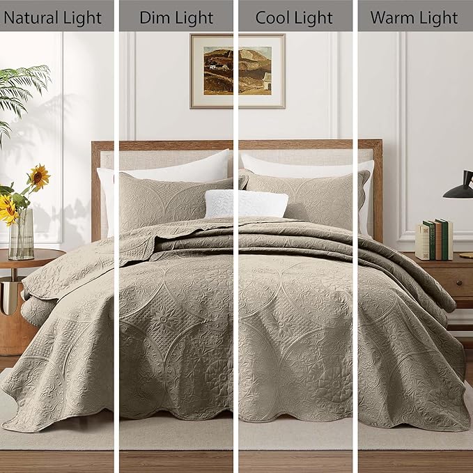 IR Imperial Rooms 8 Pack California King Quilt Bedding Set (118"x106") - Bulk Wholesale for Hotels, Guest Bedroom & Airbnbs - Microfiber Reversible Floral Embossed Quilts Bedspreads (Beige)