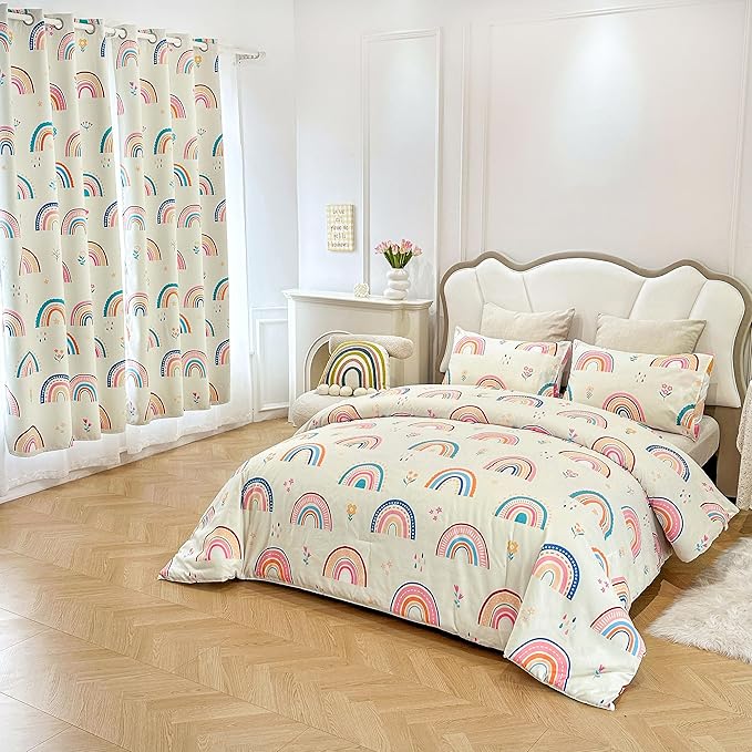 Btargot Lightweight Soft 3 Piece Rainbow Comforter Set with 2 Pillow Covers, Cartoon Love Hearts Flowers and Grass Bedding Set for Girls Boys Kids, Twin Multi-Color