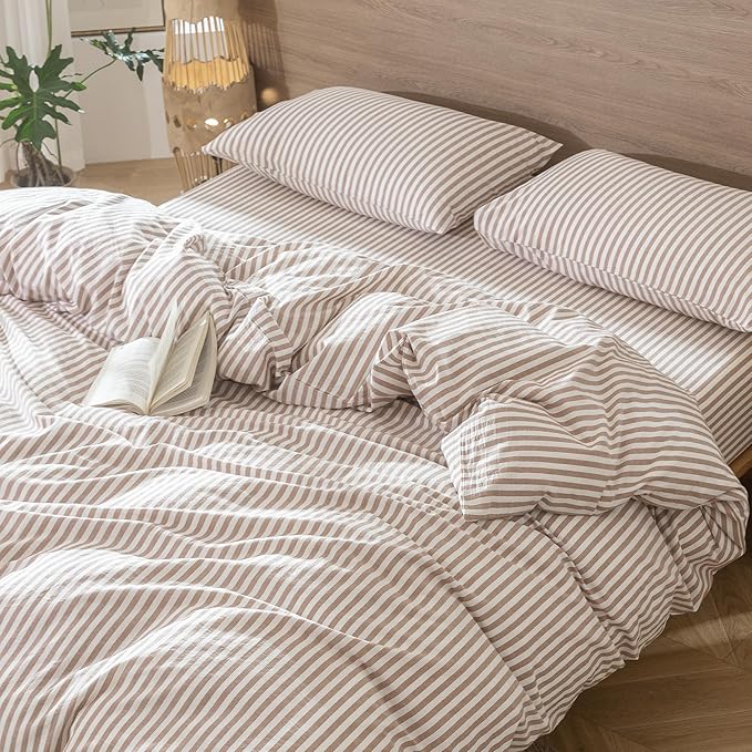 MooMee Striped Duvet Cover Set 100% Washed Cotton Linen Like Textured Breathable Durable Soft Comfy (Orange Classic Stripes, Palatial King/Oversized King 120"x98")