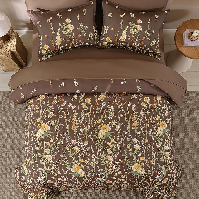 Yiran 7 Piece Brown Fall Comforter Set Queen Size, Floral Flowers Comforter Bedding Set, Bed in a Bag Queen, Soft Microfiber Complete Bedding Set with Sheets for All Season
