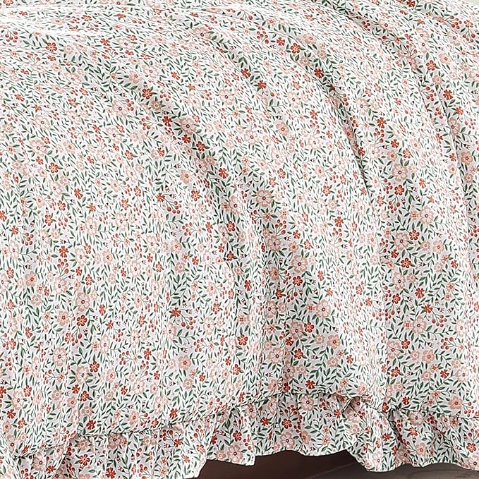 Queen Comforter Set - 7 Pieces Ruffle Pink Ditzy Bedding Sets, Shabby Chic Farmhouse Bed in a Bag Queen with Floral Comforter, Sheets, Pillowcases & Shams