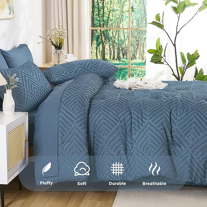 Andency California King Comforter Set Ocean Blue - 7 Pieces Bed in a Bag Cal King Bedding Comforter Sets, Tufted Lightweight Fluffy Bed Set with Comforter, Sheets, Pillowcases & Shams