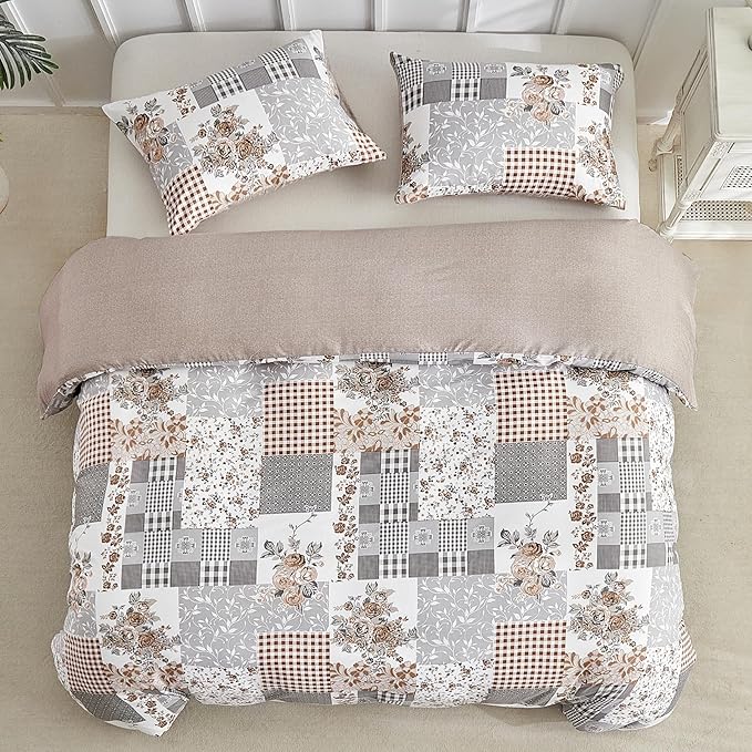 Lekesky King Size Duvet Cover Set, Patchwork Floral 3 Pieces Reversible Grey Duvet Cover Set, Ultra-Soft Microfiber 3 Pieces Comforter Cover with Zipper and Corner Ties, Includes 2 Pillowcases