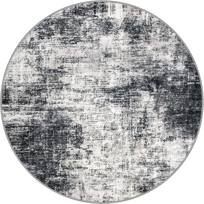 IOHOUZE Round Area Rug 3 Ft Circle Entryway Rugs Round Washable Door Mat Indoor Entrance, Non Slip Circle Front Door Rug, Printed Abstract Faux Wool Floor Carpet for Foyer Porch Sink, Black Grey