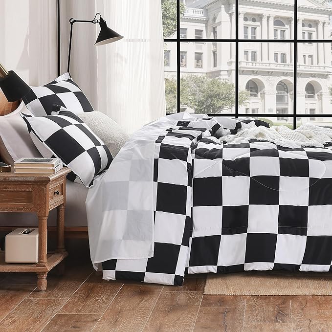 Andency Checkered Comforter Twin XL(68x92Inch), Black White Plaid Gingham Buffalo Grid Bed Set for Students Boys Kids Teens, 2 Pieces Lightweight Microfiber Geometric Dorm Bedding