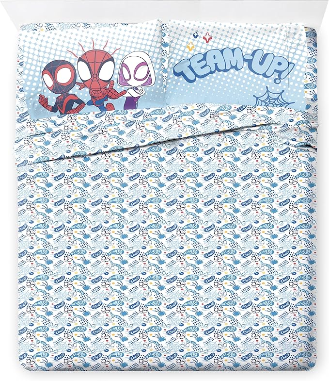 Jay Franco Kids Comforter Set Includes Sheets and Pillow Covers - Soft and Cozy Bed Set for Stylish Room Decor, Light Blue - Spidey & His Amazing Friends, 7 Piece Queen Bedding
