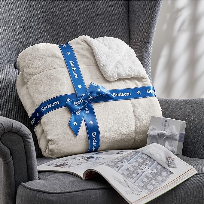 Bedsure GentleSoft Sherpa Fleece Throw Blanket for Couch, Non-Heated, Thick and Warm Throw for Women and Men, Soft Fuzzy Plush Blanket for Winter, Linen, 50x60 Inches