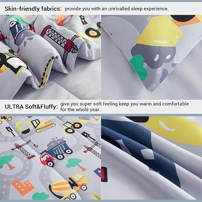 Mooreeke Kids Twin Comforter Sets for Boys 6 Pieces Excavator Grey Bedding Set for Teens Soft Microfiber Kids Bed in A Bag with Comforter, Sheet Set, Shams and Decorative Toy Pillow All Season