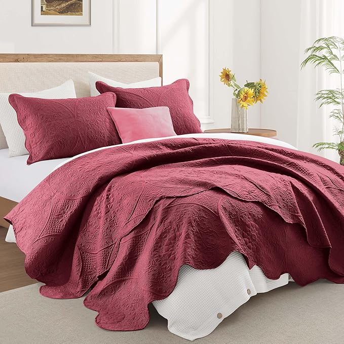 IR Imperial Rooms 8 Pack California King Quilt Bedding Set (118"x106") - Bulk Wholesale for Hotels, Guest Bedroom & Airbnbs - Microfiber Reversible Floral Embossed Quilts Bedspreads (Burgundy)