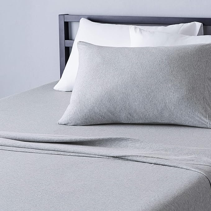 Amazon Basics Breathable, Stretchy 100% Cotton Jersey Knit 3 Piece Bed Sheet Set with Deep Pockets, Flat and Fitted Sheets, Pillowcase, Machine Washable, Twin, Light Gray, Solid