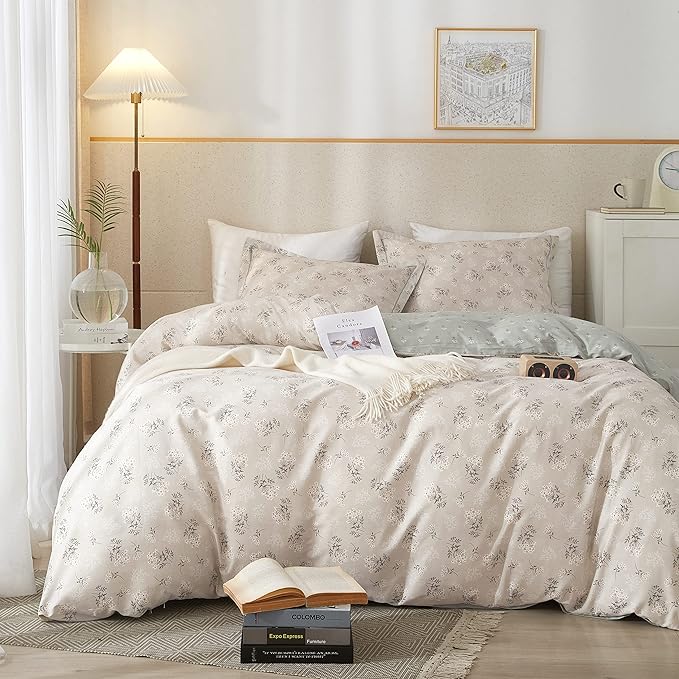 HighBuy Boho Floral Duvet Cover King Bedding Vintage Cotton Aesthetic Bedding Set King Size Comforter Cover Set Garden Lightweight Soft Duvet Cover Set Zipper Closure Breathable