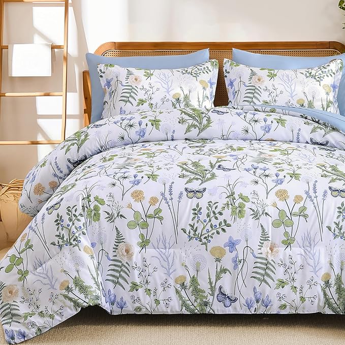 Yiran Queen Comforter Set, 7 Pieces Blue White Floral Soft Bedding Sets, Queen Bed in a Bag with Botanical Flowers All Season Comforter, Sheets, Pillowcases & Shams