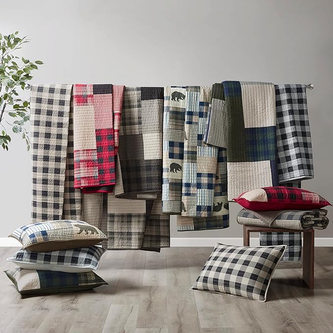 Woolrich Mill Creek Reversible Quilt Set - Cottage Styling Reversed to Solid Color, All Season Lightweight Coverlet, Cozy Bedding Layer, Matching Shams, Oversized King/Cal King, Plaid Green 3 Piece
