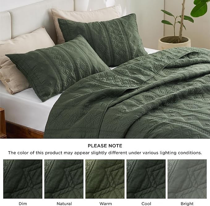 Bedsure 100% Cotton Quilt Set - Queen Size Bedspread, Lightweight Soft Bed Coverlet, 3-Piece Cozy Stitching Comforter with 2 Pillow Shams in Geometric Pattern for All Season, 90x96 inches, Olive Green