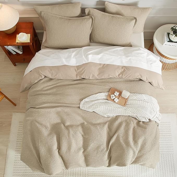 SE SOFTEXLY Waffle Duvet Cover King, 100% Cotton Waffle Weave Bedding Duvet Cover Set, Soft and Breathable Comforter Cover for All Season, 3 Pieces Including Pillow Shams(Khaki, 104”x90”)