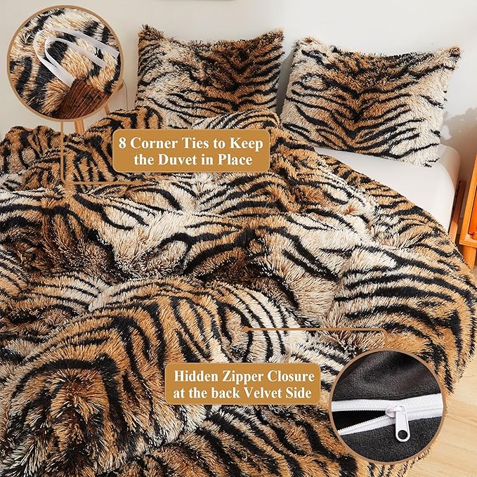 XeGe Tiger Print Fluffy Faux Fur Duvet Cover Set, 3 Pieces Soft Plush Shaggy Fuzzy Bedding Set(1 Farmhouse Comforter Cover + 2 Furry Pillow Cases), Zipper Closure(Queen, Tiger Print Brown)