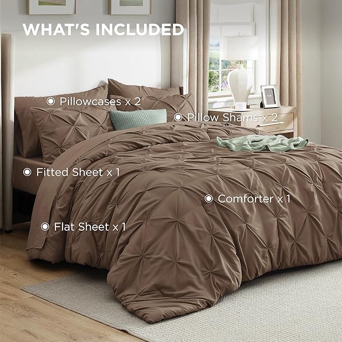 Bedsure Queen Comforter Set Brown - Bed in a Bag Queen Size Bedding 7 Pieces, GentleSoft™ Pintuck Bed Set Gift for Family, Pinch Pleat All Season Comforter with Sheets, Pillowcases & Shams