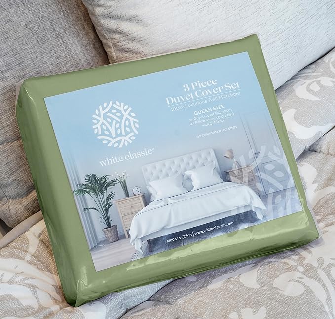 White Classic Sage Green Duvet Cover King Size, Microfiber Duvet Cover with Zipper, Duvet Cover Set with 2 Pillow Shams, Luxury Soft Comforter Cover King Size, 104 x 90 | Comforter Not Included