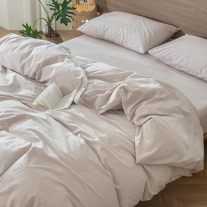 MooMee Striped Duvet Cover Set 100% Washed Cotton Linen Like Textured Breathable Durable Soft Comfy (Orange Pinstripes, Cal King 104"x98")