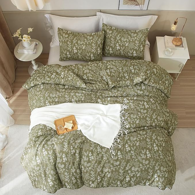 Floral Duvet Cover Twin Size Girl Olive Green Duvet Cover Set with Zipper Closure Soft Cotton Twin Comforter Cover 3 Piece Garden Bedding Set with Boho Leaves Aesthetic Bedding Duvet Cover Set
