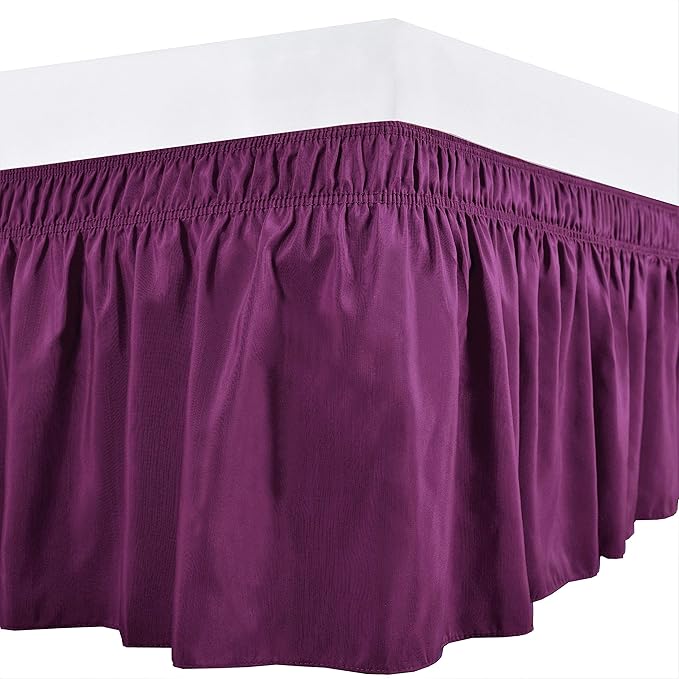 Wrap Around Bed Skirts Elastic Dust Ruffles, Easy Fit Wrinkle and Fade Resistant Silky Microfiber Fabric Solid Color Bedskirt, 12 Inch Tailored Drop Purple for Short Queen Size Bed Skirt