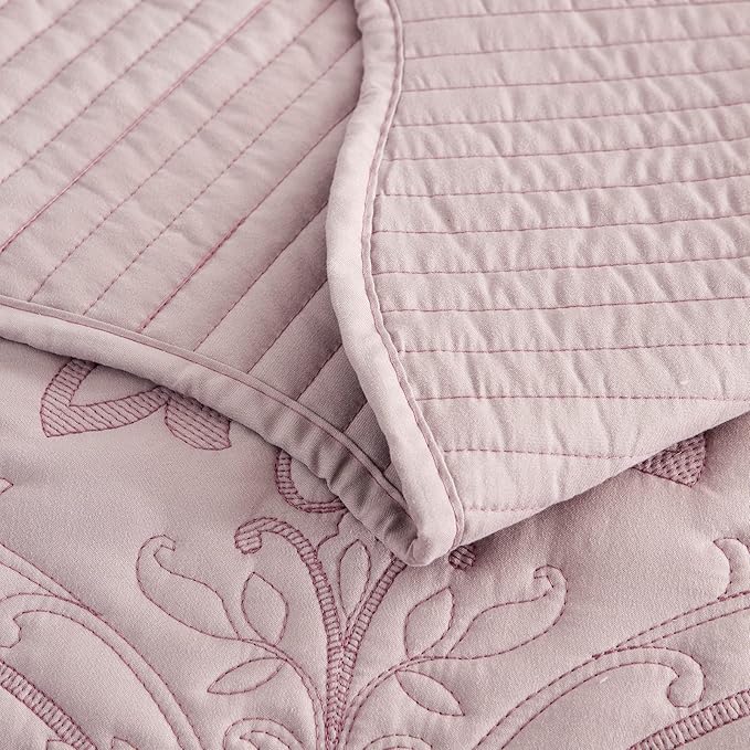 CHIXIN Bedspread Coverlet Set Queen Size - Lightweight Bedding Cover - Beautiful Stitching - 5 Piece Reversible Bedspread - Gorgeous Damask Paisley Pattern (Queen, Pale Rose)