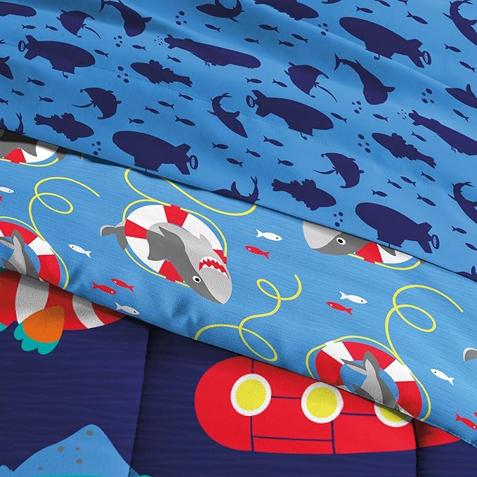 dream FACTORY Kids 7-Piece Complete Set Easy-Wash Super Soft Microfiber Comforter Bedding, Full, Navy Submarine