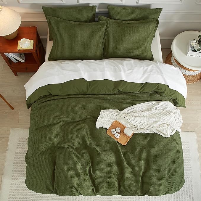 SE SOFTEXLY Waffle Duvet Cover Queen, 100% Cotton Waffle Weave Bedding Duvet Cover Set, Soft and Breathable Comforter Cover for All Season, 3 Pieces Including Pillow Shams(Green, 90”x90”)