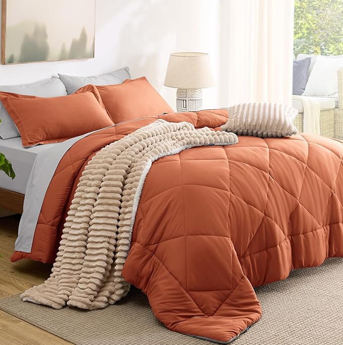 Bedsure King Size Comforter Set - 7 Pieces Reversible Burnt Orange Bedding, King Size Bed Set for All Seasons, Bed in a Bag with Down Alternative Comforter, Sheets, Pillowcases & Shams