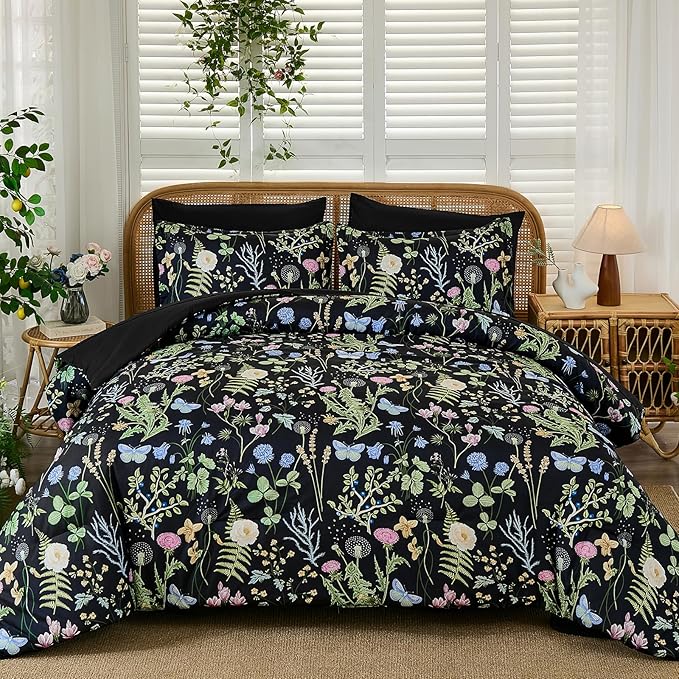 Yiran Black Green Floral Comforter Set Queen Size, 7 Piece Botanical Comforter Bedding Set, Farmhouse Bed in a Bag, Soft Microfiber Complete Bedding Set with Sheets for All Season