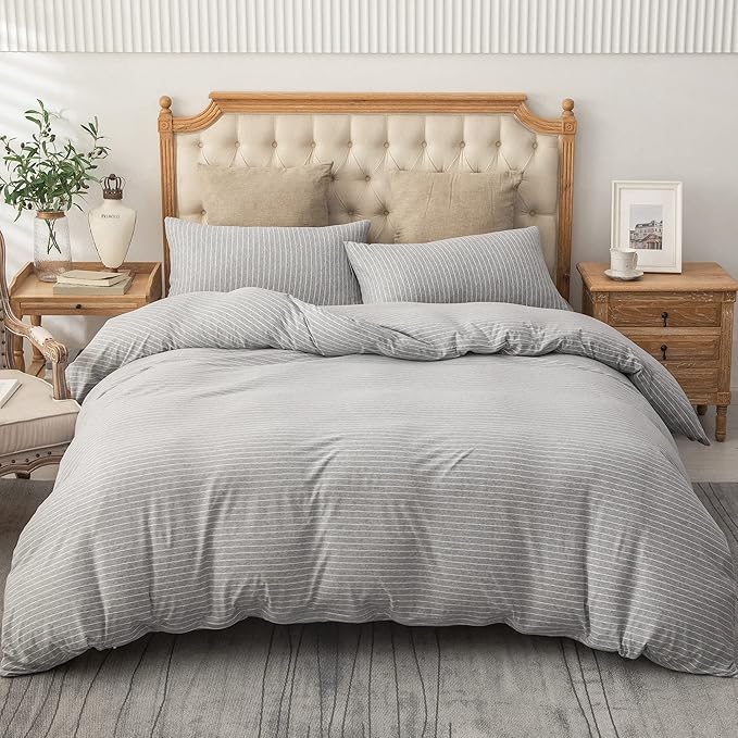 PURE ERA Jersey Knit Duvet Cover Set 100% T-Shirt Heather Cotton Super Soft Comfy Classic Striped Design, with Zipper Closure, Grey & White Pintripe, Queen