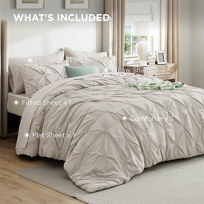 Bedsure California King Comforter Set Linen - Bed in a Bag Cal King 7 Pieces, GentleSoft™ Pintuck Bed Set Gift for Family, Pinch Pleat All Season Comforter with Sheets, Pillowcases & Shams
