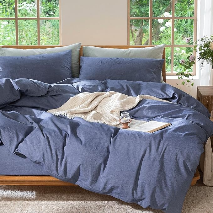 MooMee Bedding Duvet Cover Set 100% Washed Cotton Linen Like Textured Breathable Durable Soft Comfy (Heathered Blue, Cal King 104"x98")