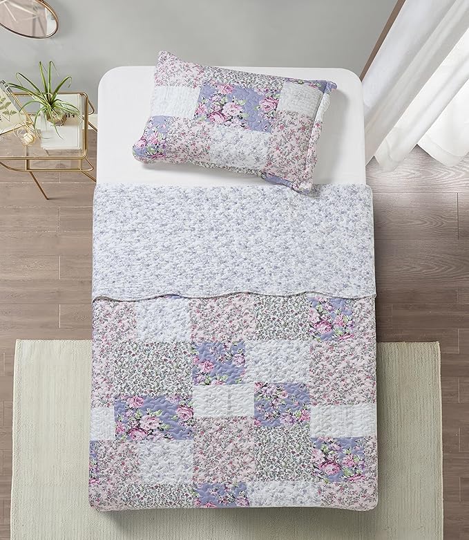 Brilliant Sunshine Roses Toile Quilt Set, 2-Piece Bedding Sets, Traditional Lively Patchwork Design, Washable and Reversible Bedspread, Soft Lightweight Coverlet, All-Season, Twin/Twin XL, Blue Pink