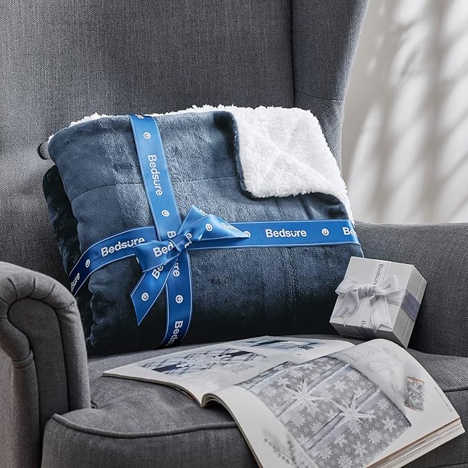 Bedsure GentleSoft Sherpa Fleece Blankets King Size for Bed, Non-Heated, Thick and Warm Throw for Women and Men, Soft Fuzzy Plush King Blanket for Winter, Slate Blue, 108x90 Inches