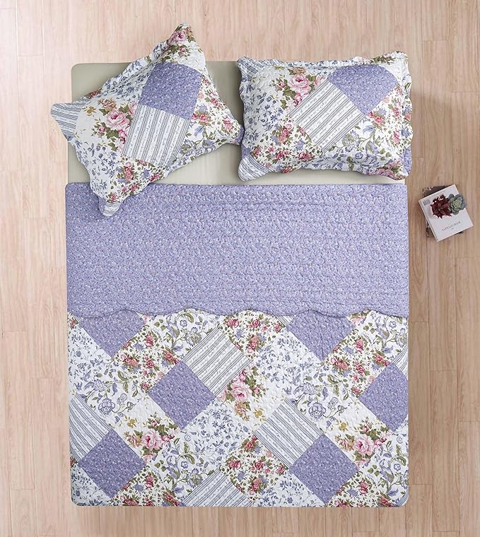 Brilliant Sunshine Rose Violet Patchwork, 3-Piece Quilt Set with 2 Shams, Reversible Bedspread, Soft Lightweight Coverlet, All-Season, Full/Queen, Rose Violet