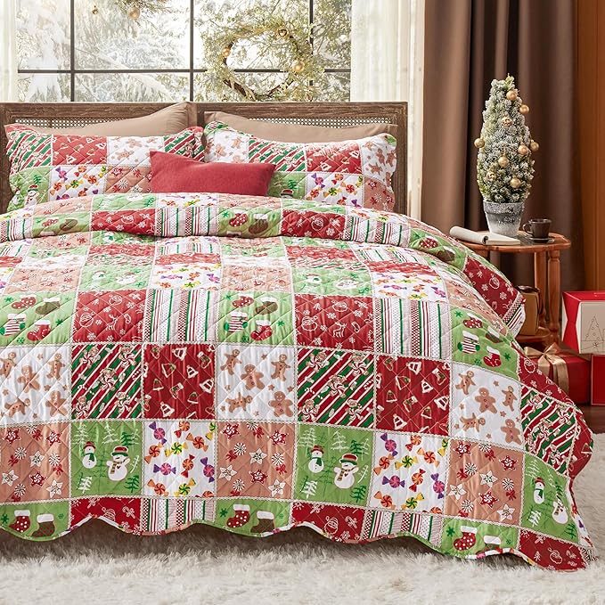 Bedsure Christmas Quilt Queen Size - Red Quilts for Queen Size Bed, Multicolor Patchwork Printed Pattern Christmas Bedding, Soft Lightweight Coverlet Bedspread (90"x96")
