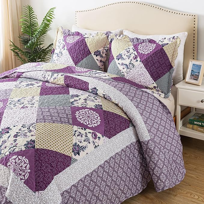 HoneiLife King Size Quilt Sets - 3 Pieces Microfiber Quilt Set Lightweight Bedspreads Reversible Coverlets Rustic Bed Cover King Quilt Bedding Set All Season Quilts-Beige & Purple