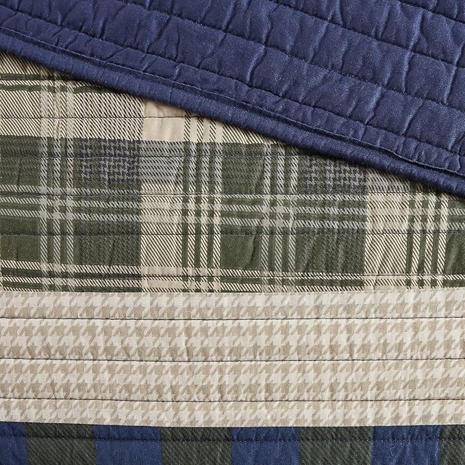 WOOLRICH Spruce Hill Reversible Quilt Set - Cottage Styling Reversed to Solid Color, All Season Lightweight Coverlet, Cozy Bedding Layer, Matching Shams, Oversized King/Cal King, Stripes Green 3 Piece