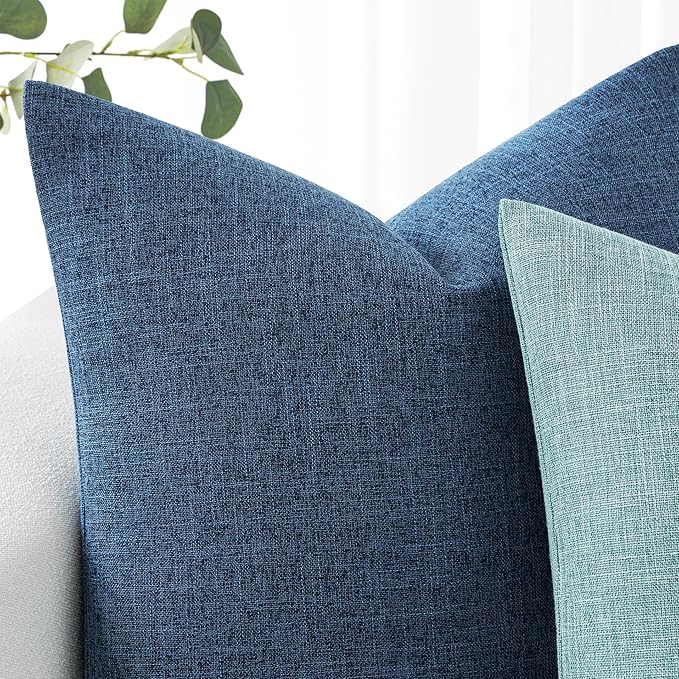 MIULEE Pack of 2 Decorative Linen Burlap Coastal Pillow Covers Farmhouse Boho Accent Pillowcases for Sofa Car Couch Bedroom Living Room Decor 22x22 Inch Blue