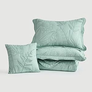 Botanical Oversized Bedspread King Size - Leaves Pattern Stitching Quilt Set - Elegant & Fresh Style Bedding Coverlets, Reversible, Lightweight, 5 Piece, Seaglass