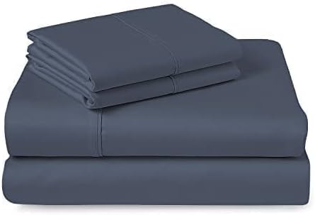 Pizuna Pure 100% Cotton Sheet Set Twin, Luxurious 400 Thread Count Long Staple Cotton Sateen Sheets Twin with 15" Deep Pocket (Dark Blue)