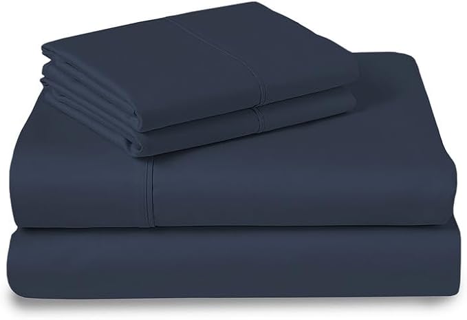 Pizuna Pure 100% Cotton Sheets Queen Size, Luxurious 400 Thread Count Long Staple Cotton Sateen Sheets with 15" Deep Pocket - Dark Blue Sheet Queen