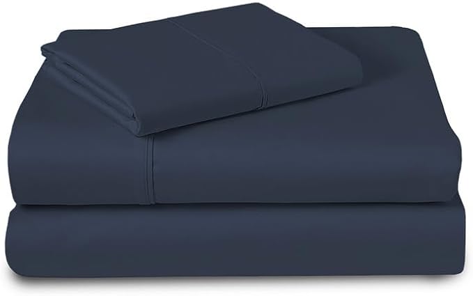 Pizuna Pure 100% Cotton Sheets Twin XL Size, Luxurious 400 Thread Count Long Staple Cotton Sateen Sheets with 15inch Deep Pocket (Combed Dark Blue Sheet Twin XL)