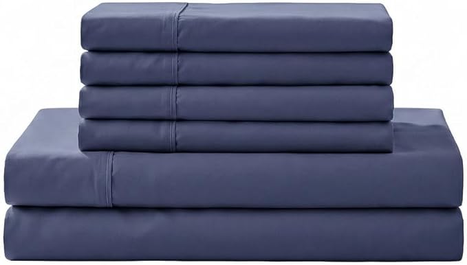 Linen Home 100% Cotton Percale Sheet Set, Cal King Size, Dark Blue, Deep Pocket, 6 Pieces Set - 1 Flat, 1 Deep Pocket Fitted Sheet and 4 Pillowcases, Crisp Cool and Strong Bed Linen