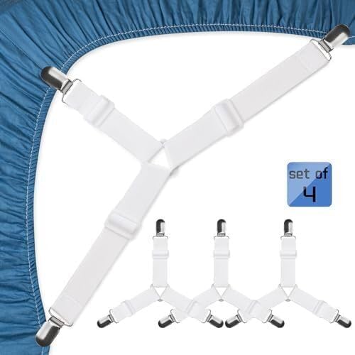 Heavy Duty Elastic Bed Sheet Straps & Clips - Adjustable Mattress Gripper, Sheet Holders Keep Sheets Firm & Tight, Mattress Clips, Bed Straps, Corner Straps (White, 4pcs Triangle)