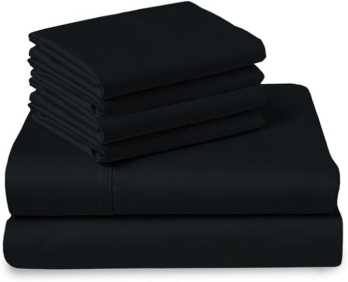 Pizuna Pure 100% Cotton Bed Sheets Set King Size Black, Luxurious 400 Thread Count Long Staple Cotton Sateen Sheets with 15" Deep 2 Extra Pillowcase (Combed Cotton Bed Sheet Set)