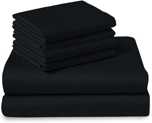 Pizuna Pure 100% Cotton Bed Sheets Set King Size Black, Luxurious 400 Thread Count Long Staple Cotton Sateen Sheets with 15" Deep 2 Extra Pillowcase (Combed Cotton Bed Sheet Set)
