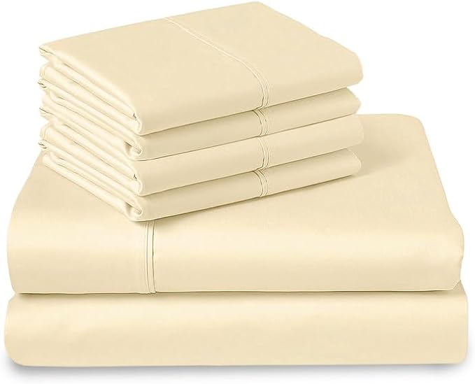 Pizuna Pure 100% Cotton Sheets King Size Ivory, Luxurious 400 Thread Count Long Staple Cotton Sateen Sheets King with 15 inch Deep Pocket.